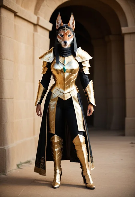 The armored Queen of jackals, female jackal, 18 years old, fur armor with diamond filigree, zoomed out:.10, raw, masterpiece, extremely detailed photo, extreme ultra best picture, extreme ultra intricate creative detail, extreme hyper realistic detail, extreme ultra hyper photo realism, extreme ultra-hyper immersive visuals, extreme 3D realistic, ultra 4080p, HD, VFX, SFX, FKAA, TXAA, RTX, SSAO, full portrait, (without pants),