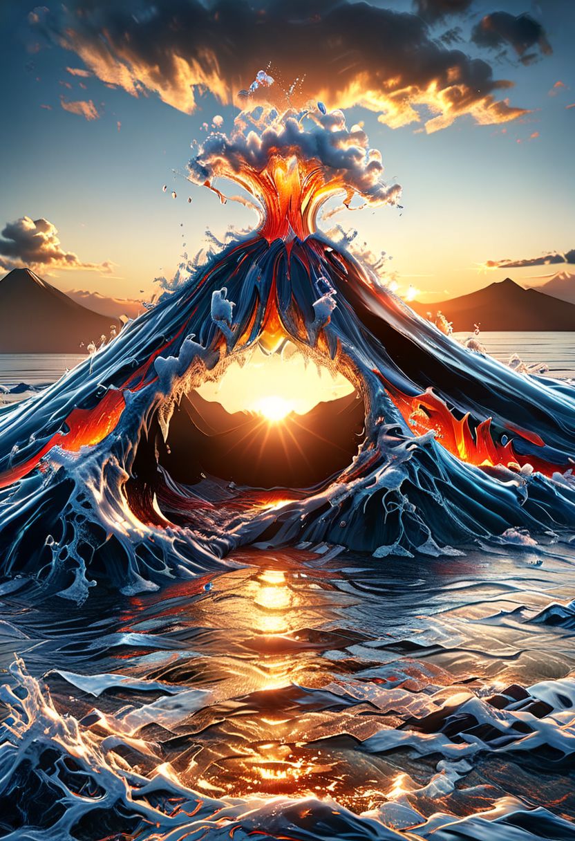 UHD, masterpiece, high quality, extremely details, intricate details, sharp focus, realistic, OverallDetailXL, sss
a volcano made of ((water)) ,((ais-wvs)) ,sun sunlight, sunray ,sunset