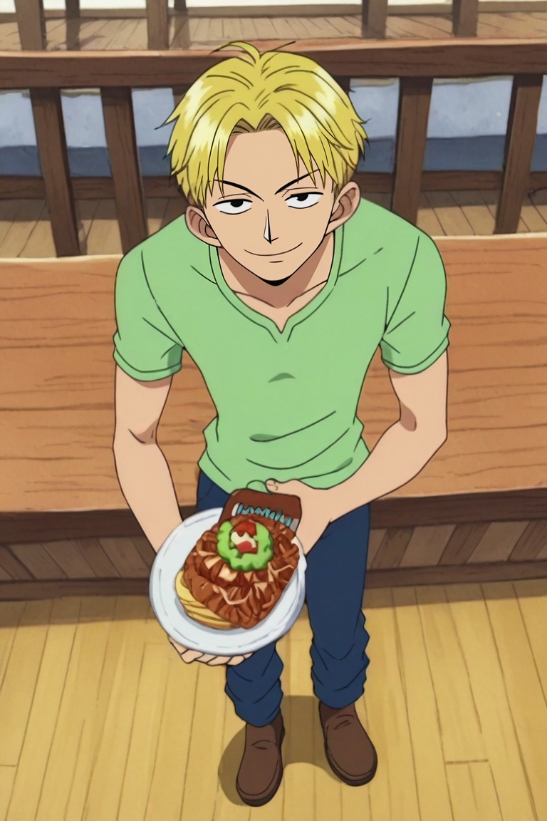 score_9, score_8_up, score_7_up, source_anime, anime screencap, rating_safe, , , , 1boy, male focus, black eyes, medium blonde hair, man bun,, solo, from above, full body, restaurant, day, sunny, holding object, half-closed eyes, smile, <lora:one_piece_style_pony:0.98>, one_piece_style, , <lora:sdxl_lightning_8step_lora:1>