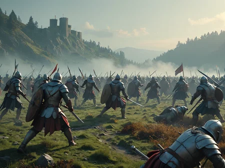 long shot of two armies of medieval  warriors fight each other on a grassy hill,  <lora:add-detail-xl:1>  masterpiece, 8k,cold colors, illustration, (volumetric fog:1.5)