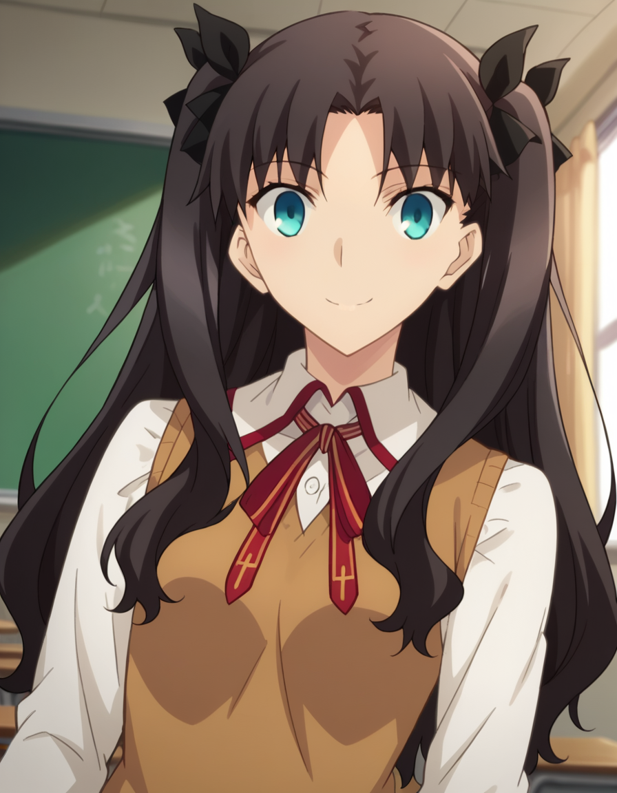 score_9, score_8_up, score_7_up, source_anime,
rintohsaka, <lora:rin-tohsaka-ubw-ponyxl-lora-nochekaiser:1>,
rin tohsaka, aqua eyes, black hair, hair ribbon, long hair, ribbon, sidelocks, two side up, parted bangs,
brown sweater vest, collared shirt, homurahara academy school uniform, neck ribbon, red ribbon, ribbon, school uniform, shirt, sweater vest, white shirt,
indoors, classroom, smile,
looking at viewer, dutch angle, cowboy shot,
