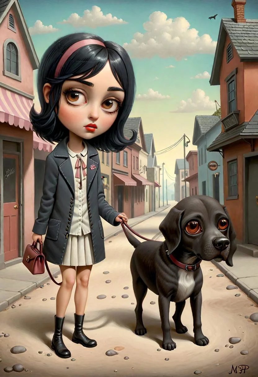Pop art style of a {Beautiful little stroppy flirty girl on a walk with a big dog}, surrealism fantasy, detailed background, masterpice by (Marion Peck:1.36), trending on artstation, best quality, 4k textures, ultra detailed