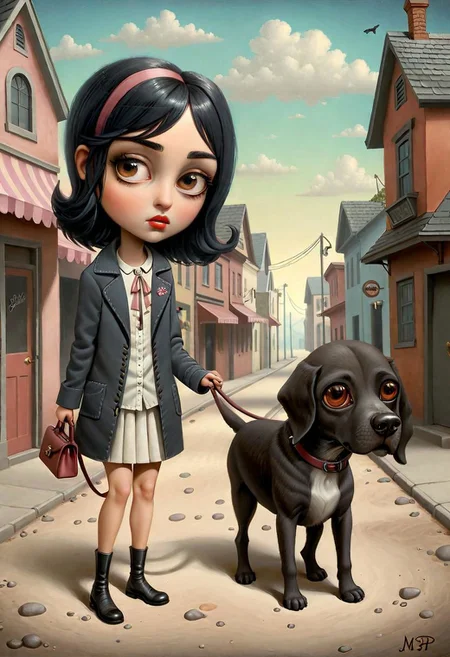 Pop art style of a {Beautiful little stroppy flirty girl on a walk with a big dog}, surrealism fantasy, detailed background, masterpice by (Marion Peck:1.36), trending on artstation, best quality, 4k textures, ultra detailed