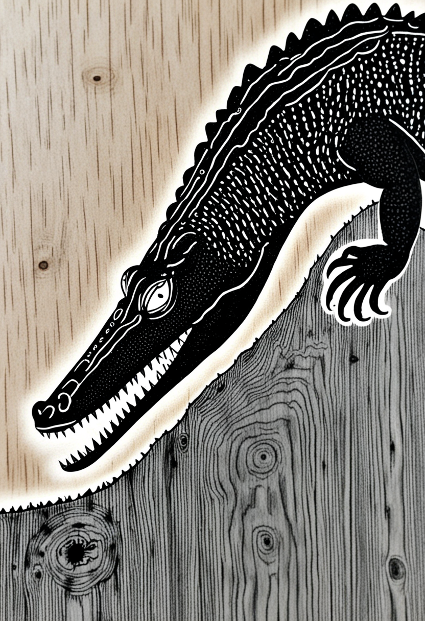 <lora:ink_ahuizotl_sdxl_v1:1.0>, ink_ahuizotl, drawing, a black and white drawing of a crocodile on a piece of wood, with the head of an alligator in the center of the image is a