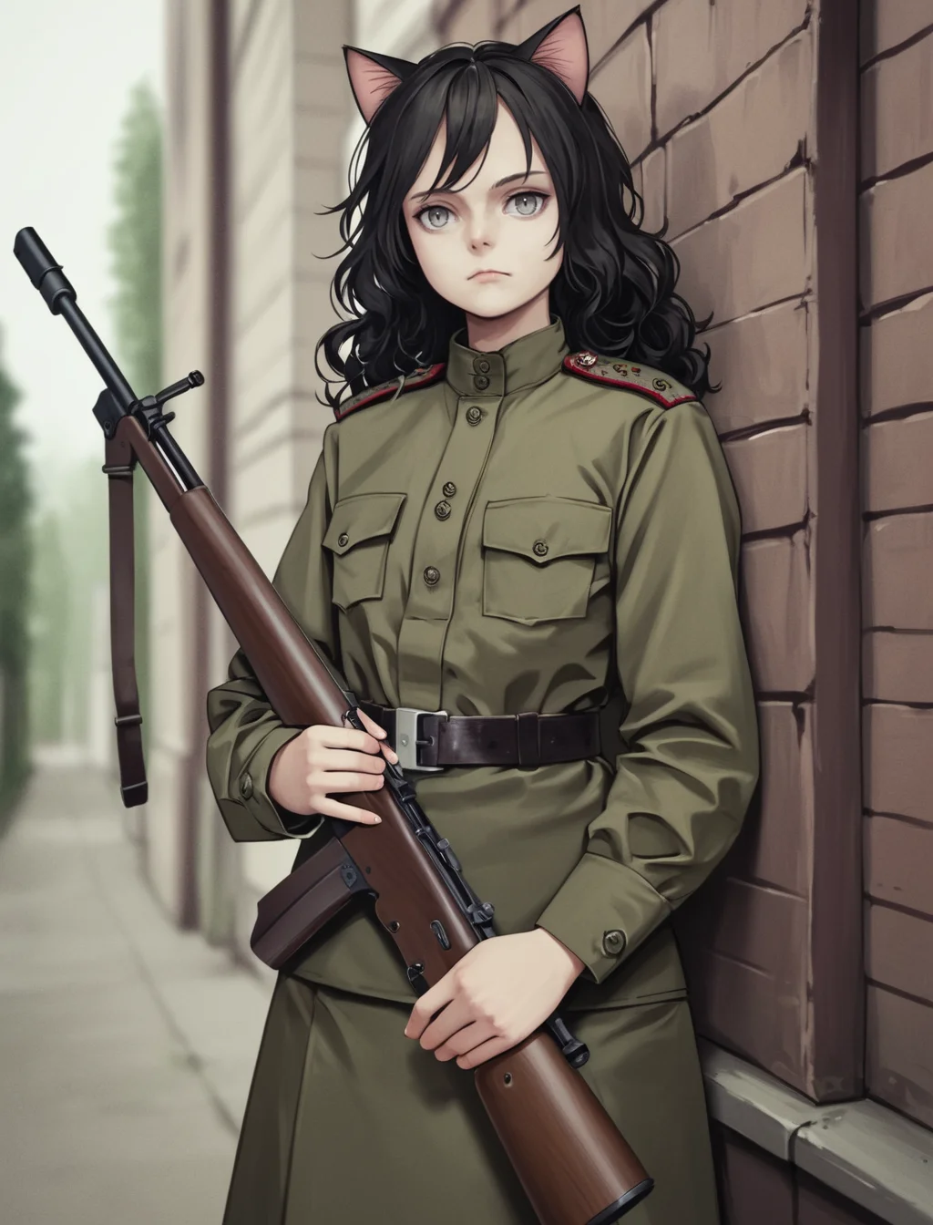 score_9, score_8_up, score_7_up, source_anime BREAK 1girl, young, solo,Soviet Military uniform, ((neko cat ears)), belt, messy hair, black hair, long wavy hair, look at the viewer, bag under eyes, holding weapon, rifle, ak47, T_T, skirt, grey eyes, holding rifle, outdoors, <lora:Soviet_Military_Uniform-000009:0.8>