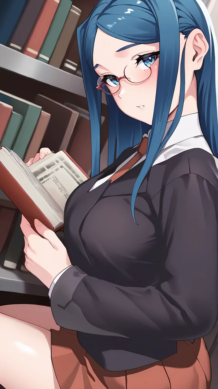 amazing quality,absurdres,best quality,masterpiece,highres,newest,detailed,detailed body,detailed face,masterpiece,best quality,solo,
ayane,1girl,solo,glasses,long hair,book,blue hair,school uniform,blue eyes,skirt,<lora:ayane:1>,
