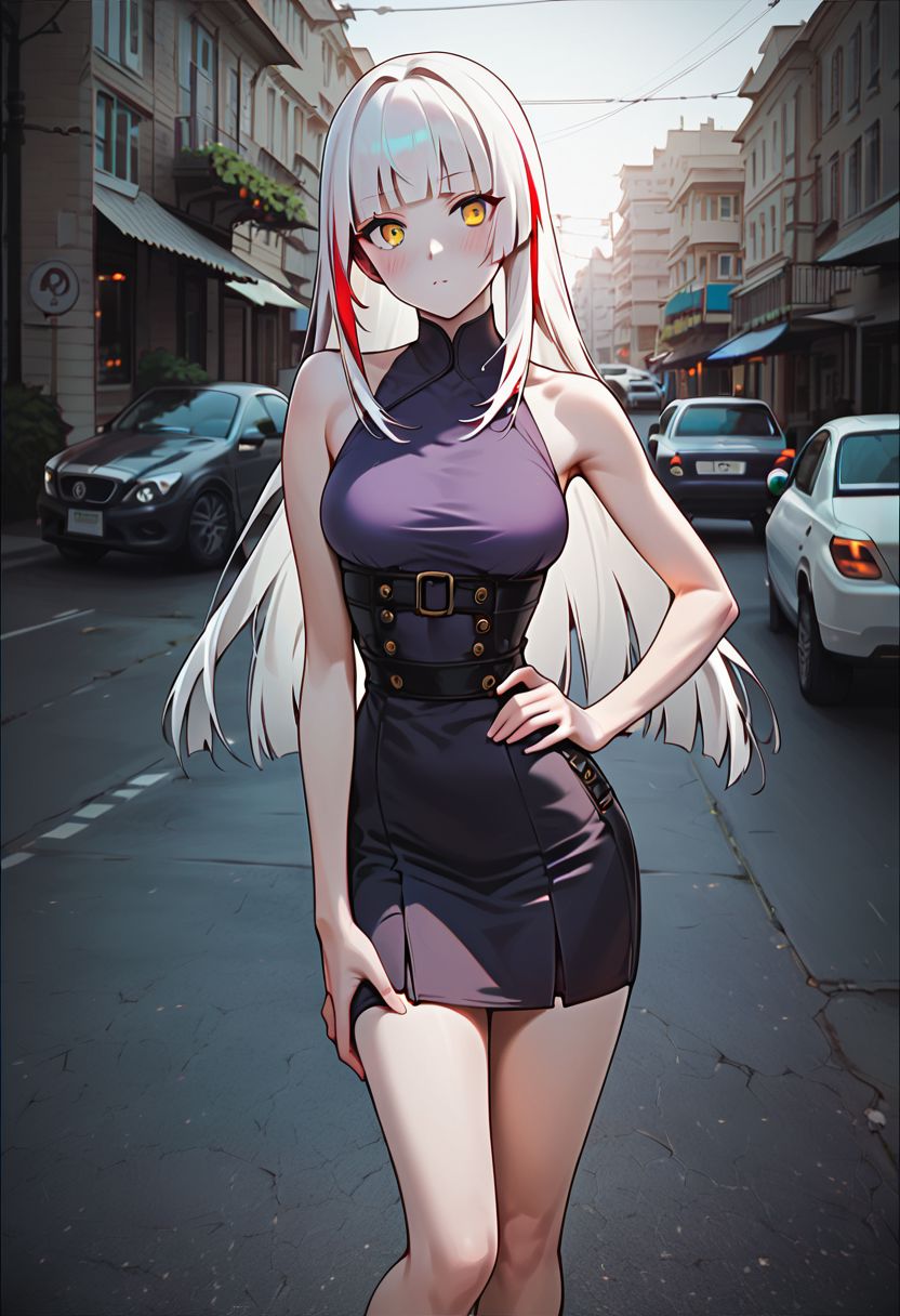score_9, score_8_up, score_7_up, score_6_up, score_5_up, source_anime, 1girl, animeirl, standing, posing, hand on waist, long hair, white hair, red highlights, hime cut, bright yellow eyes, medium breasts, slim, small waist, pale skin, blush, purple dress, street, city, summer