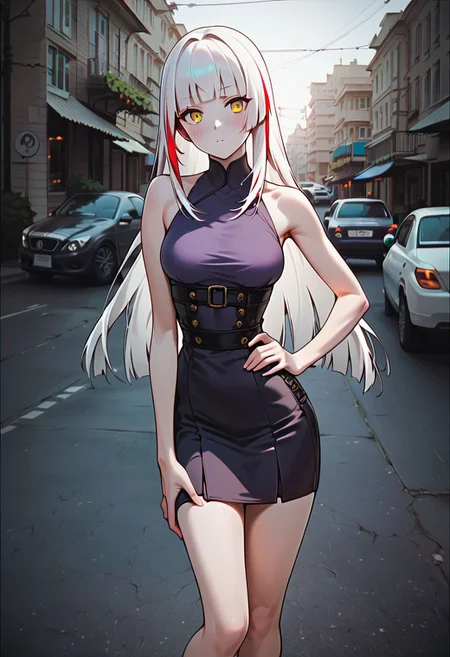score_9, score_8_up, score_7_up, score_6_up, score_5_up, source_anime, 1girl, animeirl, standing, posing, hand on waist, long hair, white hair, red highlights, hime cut, bright yellow eyes, medium breasts, slim, small waist, pale skin, blush, purple dress, street, city, summer