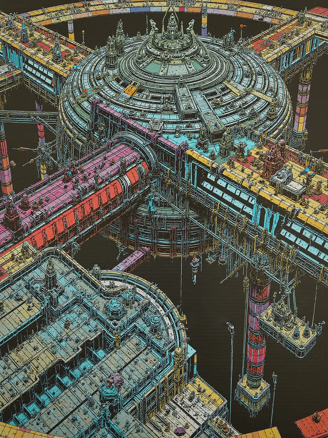 "A dystopian future where a vast, interconnected network of orbital stations circles a dying Earth. The stations are a mix of decaying ruins and high-tech facilities, connected by fragile-looking space bridges. The population lives in cramped, overcrowded conditions, struggling to survive as resources dwindle. A group of hackers works in the shadows, trying to bring down the corrupt corporations that control the stations. The artwork captures the bleakness of the setting, with a focus on the stark contrasts between technology and decay." <lora:lora_flux_24gb:1.8>