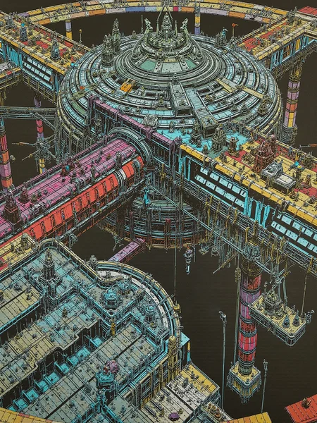 "A dystopian future where a vast, interconnected network of orbital stations circles a dying Earth. The stations are a mix of decaying ruins and high-tech facilities, connected by fragile-looking space bridges. The population lives in cramped, overcrowded conditions, struggling to survive as resources dwindle. A group of hackers works in the shadows, trying to bring down the corrupt corporations that control the stations. The artwork captures the bleakness of the setting, with a focus on the stark contrasts between technology and decay." <lora:lora_flux_24gb:1.8>