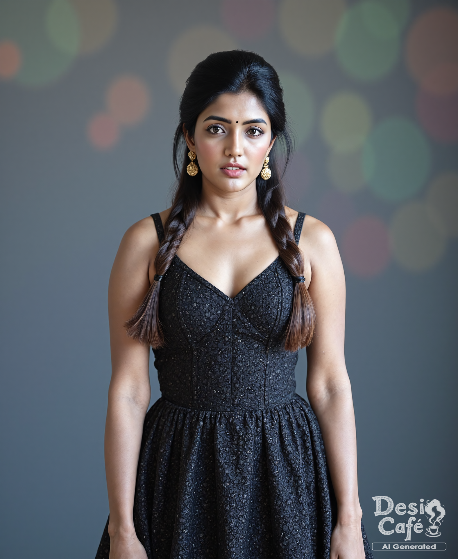 black and white photo of eesh4 r3bb4 woman with an athletic figure and thin waist, hyper realistic photo that is safe for work, serious, studio quality image with natural colors, well dressed wearing intricate sleeveless Sapphire Anarkali Suit, hair styled as  french plait,muted pastel shaded multicolored background that contrasts with the person, cinematic lighting,âââââ  <lora:Eesh4_R3bb4_Eesha_Rebba_Flux_Kohya_V1:1>âââ