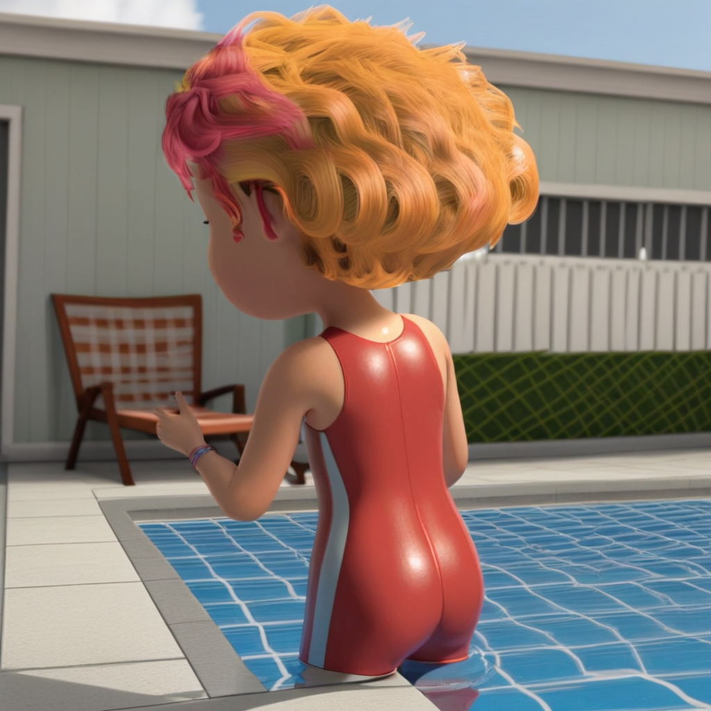 Yvette, 1girl, solo, short curly blonde hair with two pink pieces in the front, light skin complexion, swim suit, public pool, playing in pool
