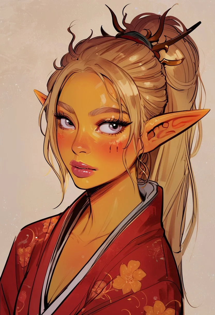 score_9, score_8_up, score_7_up, detail1eye, 1 character, solo, solo focus, cowboy-shot, BREAK, (((1 girl, asian, asian woman, asian female, elf, elf girl, pointy ears, long hair, messy hair, yellow skin, blonde hair, golden colored skin, kimono, red kimono, ponytail long ponytail, high taied ponytail, makeup, mascara, ))