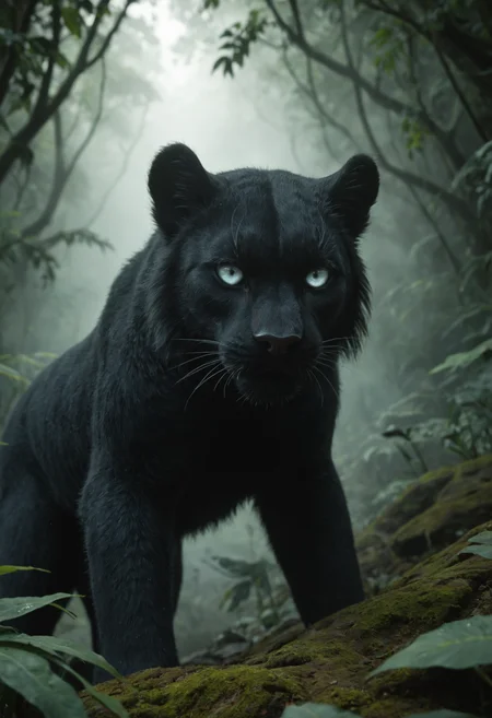 A sleek, midnight-black panther with glowing silver eyes and spectral, misty fur prowls through a highland jungle, half-concealed by the creeping fog. Its form appears to flicker between solid and shadow, giving it an ethereal presence. Bioluminescent fungi glow faintly in the background, illuminating ancient twisted roots and stones. Ink drips and painterly smudges blur the line between the physical and the spectral, making the panther feel like a guardian of unseen realms