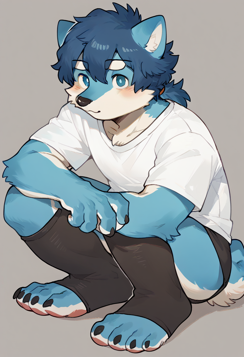 score_9, score_8_up, score_7_up, high quality, hi res, by milkybot, minty, mintelon_dog_oc, mintealon, 1boy, male focus, furry, animal ears, blue hair, solo, blue fur, loose tshirt, toeless legwear, blush, seductive, looking at viewer, simple background, <lora:Milkybot_style:1.2>, <lora:Minty_Dog_Mintealon_OC:0.8>