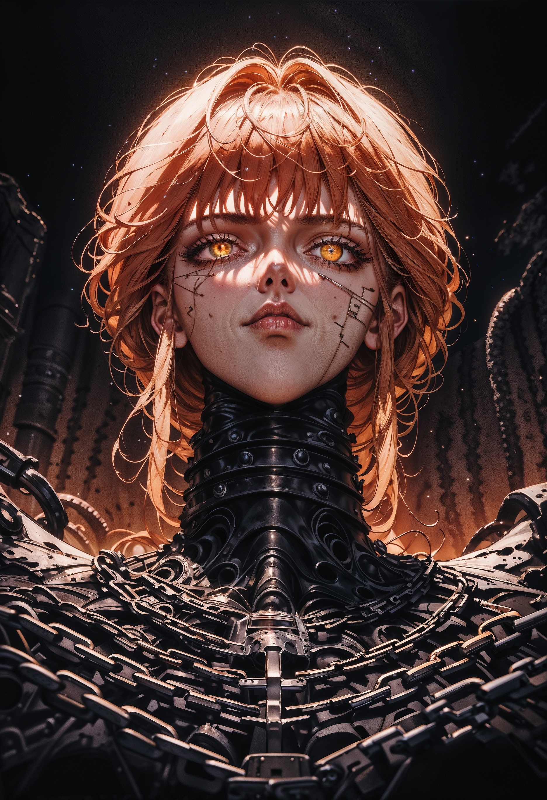 score_9, score_8_up, score_7_up,  masterpiece, best quality, very aesthetic, cinematic lighting, 1girl, makima (chainsaw man), chainsaw man, beautiful eyes, perfect face, chains, shadows, dark horror, neon cyberpunk,  <lora:Expressive_H-000001:0.8>, expressiveH  <lora:Pony_DetailV1.0:0.9> <lora:nostalgia-000011:0.9> retro