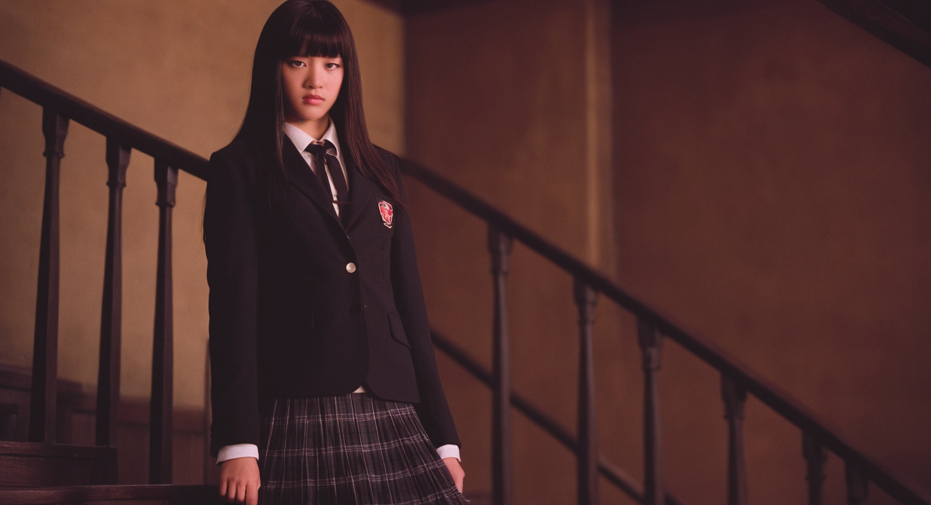cinematic film still of  <lora:Kill Bill style:0.9>
Cinematic film image of Gogo Yubari a woman in a school uniform is standing on a stair,1girl,solo,long hair,skirt,black hair,school uniform,jacket,plaid,chain,plaid skirt,blazer,realistic , Kodak film grain, dramatic light, dramatic shadow light, contrast, saturated color, cinematic, filmic, motion picture, realistic, realism, perfection, perfect, deep focus, clean image, Kill Bill style, Kill Bill Film Style, shallow depth of field, vignette, highly detailed, high budget, bokeh, cinemascope, moody, epic, gorgeous, film grain, grainy
