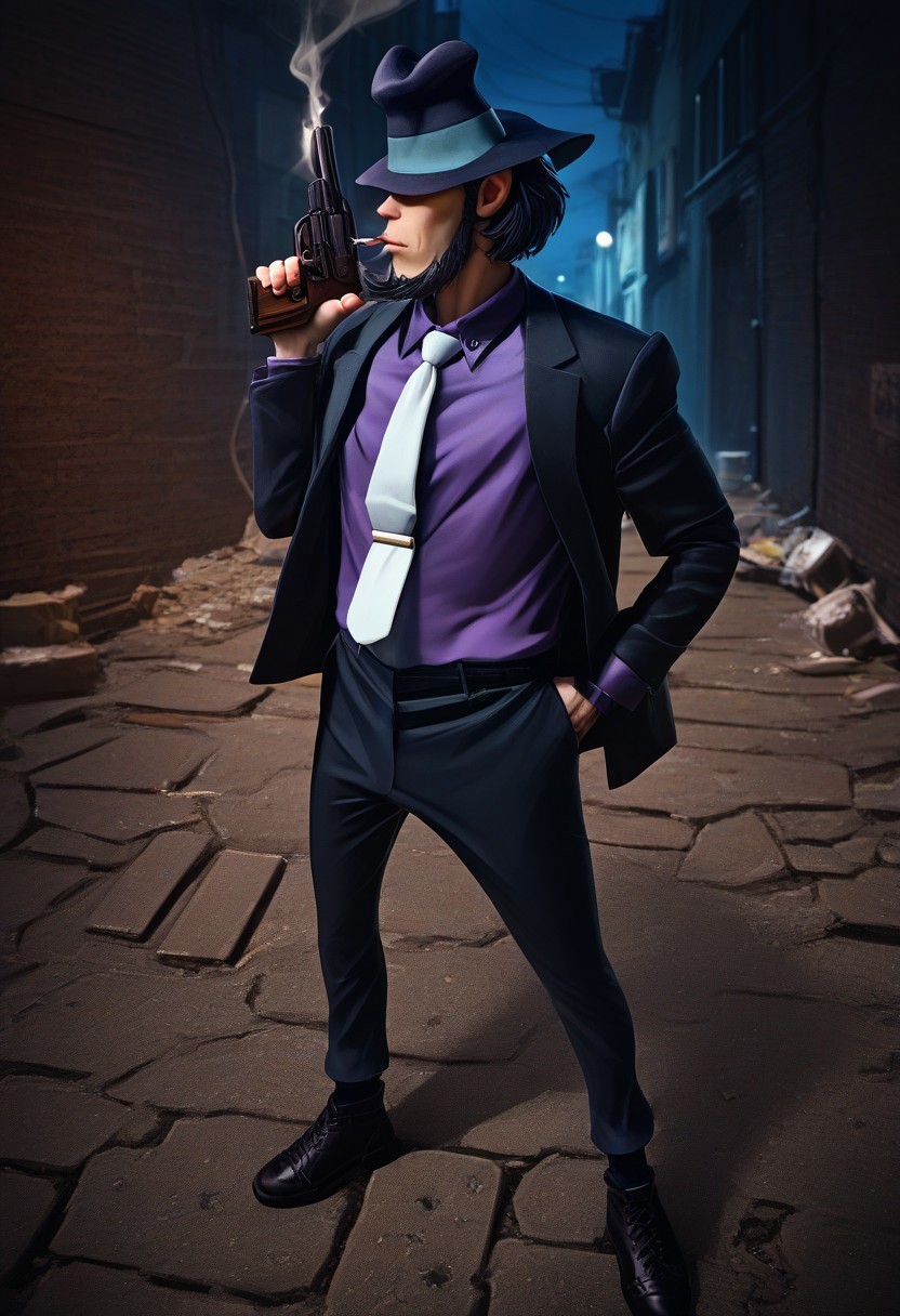 score_9, score_8_up, score_7_up, score_6_up, perfect anatomy, perfect proportions, best quality, masterpiece, high_resolution, high quality, best quality, best aesthetic, incredibly absurdres, highres, extremely detailed, huge filesize, male focus, solo male, adult, (mature, masculine, manly, virile, rugged, beefy, hunky, macho), handsome, charming, alluring, gay, bara, detailed face, rating_questionable, HD, BREAK Daisuke Jigeni, LP3Jigen, black hair, sideburns, facial hair, chinstrap beard, jawline beard, eyeless, hidden eyes, eyes in shadow, eyes hidden by shadows, fedora, LP3Jigen_outfit02, black suit, (purple shirt, purple collared shirt, white necktie, black blazer:1.3), black pants, black boots, BREAK holding weapon, holding gun, handgun, hand in pocket, aiming, full body, BREAK outdoor, dark environment, city, neon, night, closeup, dutch_angle, industrial pipe, industrial, trash can, night, alley, high walls, smoke, cigarette, cinematic, dynamic, cinematic still, emotional, harmonious, vignette, bokeh, cinemascope, moody, epic, gorgeous