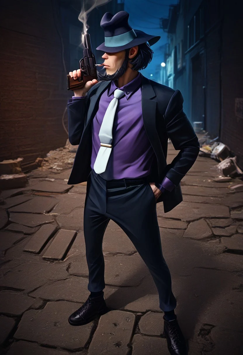 score_9, score_8_up, score_7_up, score_6_up, perfect anatomy, perfect proportions, best quality, masterpiece, high_resolution, high quality, best quality, best aesthetic, incredibly absurdres, highres, extremely detailed, huge filesize, male focus, solo male, adult, (mature, masculine, manly, virile, rugged, beefy, hunky, macho), handsome, charming, alluring, gay, bara, detailed face, rating_questionable, HD, BREAK Daisuke Jigeni, LP3Jigen, black hair, sideburns, facial hair, chinstrap beard, jawline beard, eyeless, hidden eyes, eyes in shadow, eyes hidden by shadows, fedora, LP3Jigen_outfit02, black suit, (purple shirt, purple collared shirt, white necktie, black blazer:1.3), black pants, black boots, BREAK holding weapon, holding gun, handgun, hand in pocket, aiming, full body, BREAK outdoor, dark environment, city, neon, night, closeup, dutch_angle, industrial pipe, industrial, trash can, night, alley, high walls, smoke, cigarette, cinematic, dynamic, cinematic still, emotional, harmonious, vignette, bokeh, cinemascope, moody, epic, gorgeous