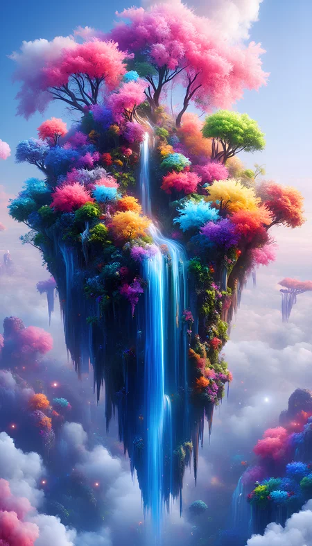 A floating island high above the clouds, covered in lush, multicolored plants and a sparkling waterfall that flows into the sky. Crystals grow from the rocks, refracting the sunlight into a kaleidoscope of colors. In the distance, surreal mountains float in the sky, connected by iridescent bridges. psydreamer