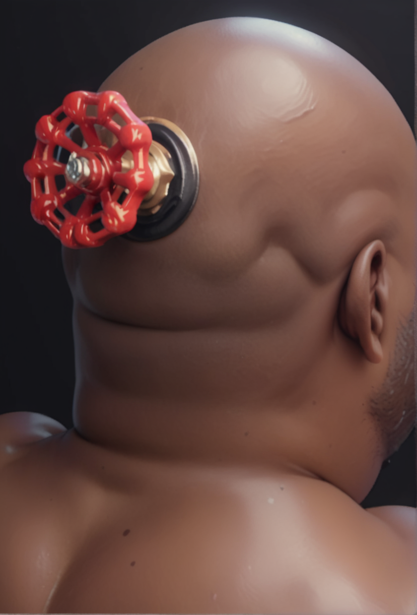 score_9,score_8_up,score_7_up,score_6_up,score_5_up,source_anime,
<lora:valve-logo_pony:0.9>,valve_on_head,valve,from behind,facing away,
simple background,dark background,
1boy,adult,
very_dark_skin,bald,fat,nude,