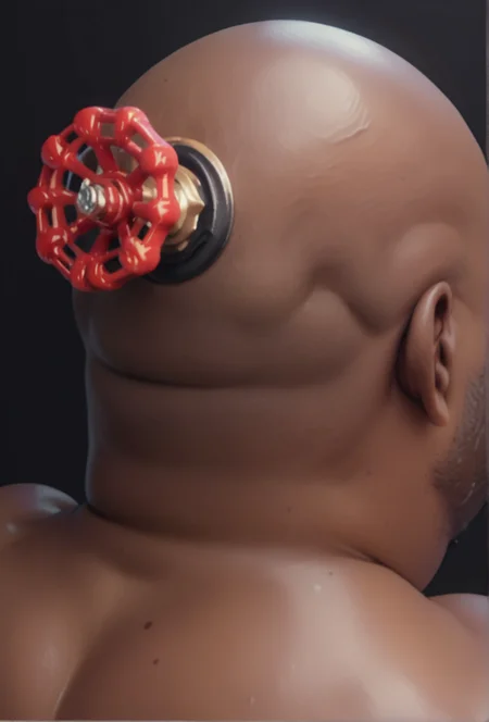 score_9,score_8_up,score_7_up,score_6_up,score_5_up,source_anime,
<lora:valve-logo_pony:0.9>,valve_on_head,valve,from behind,facing away,
simple background,dark background,
1boy,adult,
very_dark_skin,bald,fat,nude,