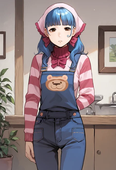 score_9, score_8_up, score_7_up, uncensored, masterpiece, best quality, source_anime BREAK 1girl, solo, vera misham, blue hair, brown eyes, pink bandana, Expressiveh, overalls, sweater, striped, denim, indoors <lora:Expressive_H:0.6> <lora:add-detail-xl:0.5> <lora:Vera_Misham:0.8>