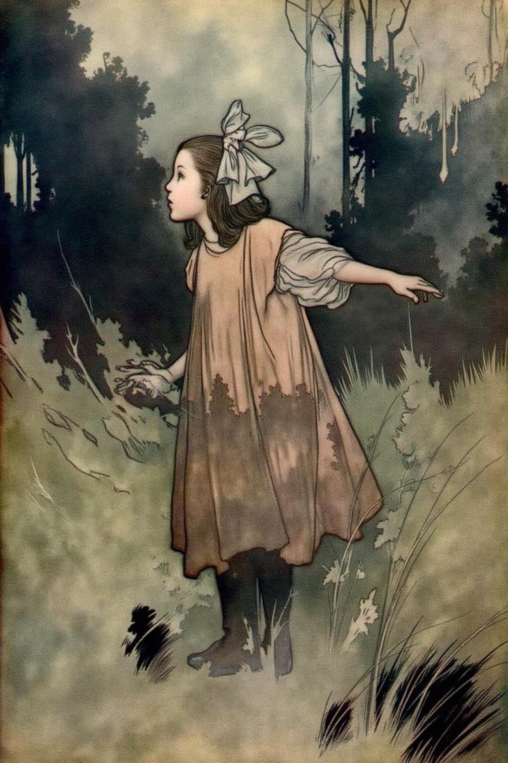 charob1 illustration.
Profile of a young girl standing in a misty, forested scene. She is positioned slightly to the right of the image, facing left, with her body turned at an angle. Her hair is styled in a loose, flowing manner, adorned with a large bow on the right side.
 <lora:charob1_cap_d6a3e11:1.0><lora:824700035410357550:0>