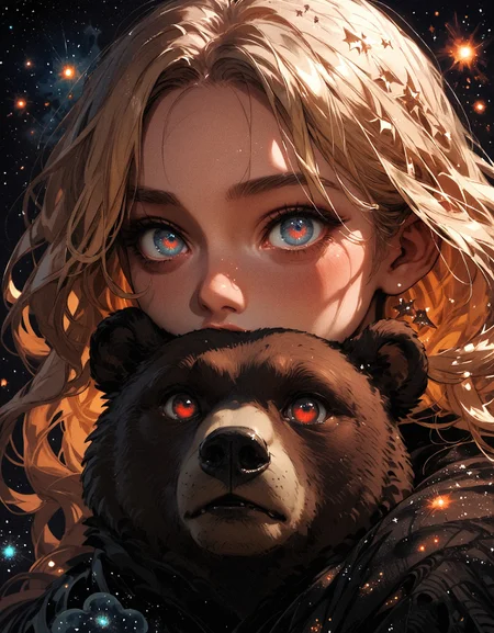score_9, score_8_up, score_7_up, score_6_up, score_5_up, score_4_up, girl and a bear, black bear, girl has blonde hair and blue eyes, bear red eyes, small eyes, galaxy, cosmic horror, black background