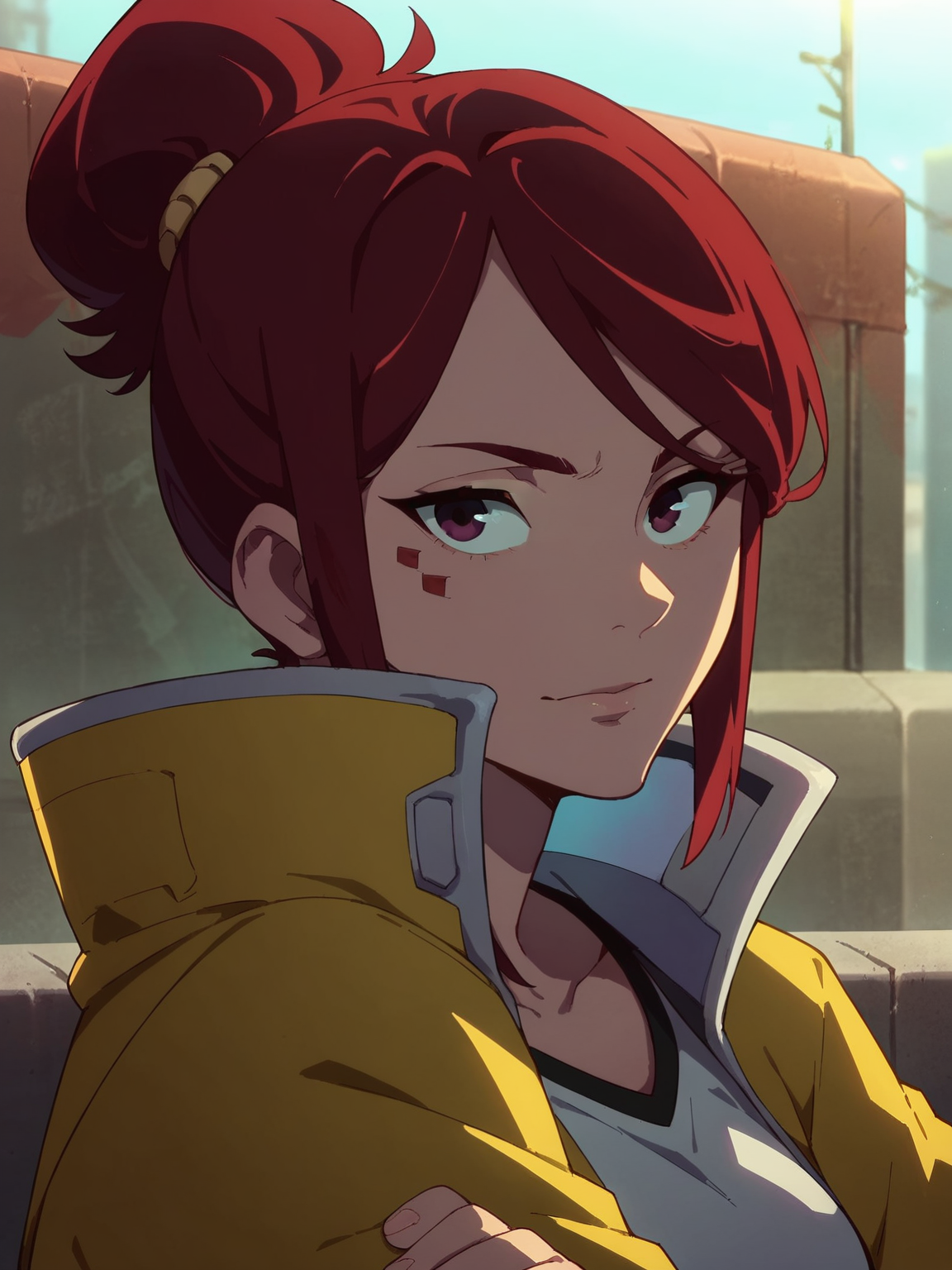score_9, score_8_up, score_7_up, <lora:cyberpunk:0.8>,1girl,solo,red hair,facial mark,shirt,jacket,upper body,   ,looking at viewer,outdoors