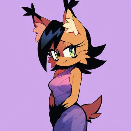 score_9, score_8_up, score_7_up, score_6_up, score_5_up, score_4_up, (Source furry), (rating safe), <lora:Nicolethelynxpny:1>, nicole the lynx, 1girl, breasts, looking at viewer, smile, simple background, dress, bare shoulders, closed mouth, green eyes, standing, tail, own hands together, purple background, sonic the hedgehog \(series\), furry, furry female, black hair, animal ears, animal nose, animal ear fluff, solo, solo focus, body fur, brown fur, facial markings