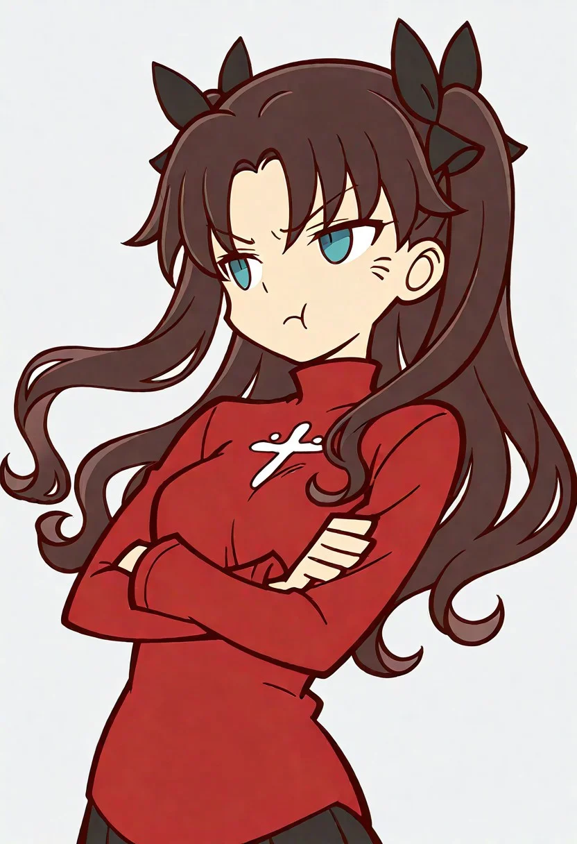 masterpiece, high quality, highres, flat colors, 1girl, solo, arms crossed, looking away, pout, annoyed, rin tohsaka, \(fate series\), dynamic angle,