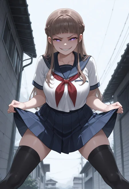 masterpiece, best quality,  1girl, blunt bangs, purple eyes, brown hair, long hair, sidelocks, half up braid, white serafuku, red neckerchief, pleated skirt, navy blue skirt, black thighhighs, standing, legs apart, lift up serafuku, evil smile, outdoors, facing viewer, looking at viewer, smile,     <lora:Nemu NXL2:1>