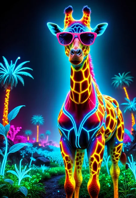 An epic photo of an avant-garde giraffe wearing stylish sunglasses, bioluminescent landscape, neon color, masterpiece, best quality, highly detailed, sharp focus, dynamic lighting, flux-style,