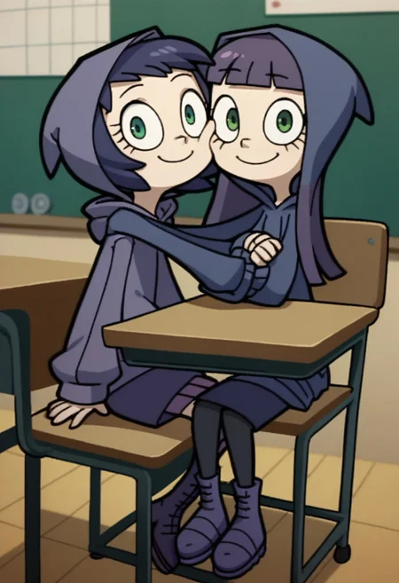 score_9, score_8_up, score_7_up, score_6_up, score_5_up, score_4_up, 2 girls in image, sitting on desks, smiling, looking at viewer, arms around each other, friends, 
BREAK, 
1 girl, square head, green eyes, squinch, round eyes, long hair, dark blue hair, dark blue dress sweater, black leggings, small black boots, 
BREAK
1 girl, short hair, purple hair, long eyelashes, purple hoodie, purple skirt, purple shoes, , hood up