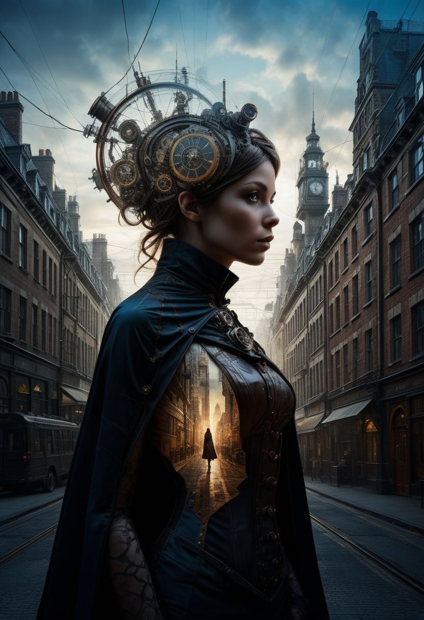 mysterious silhouette of a steampunk woman in a cape, steampunk buildings, goddess, alluring, by Minjae Lee, Carne Griffiths, Emily Kell, Steve McCurry, Geoffroy Thoorens, Aaron Horkey, Jordan Grimmer, Greg Rutkowski, amazing depth, double exposure, surreal, geometric patterns, intricately detailed, bokeh,  perfect balanced, deep fine borders, artistic photorealism , smooth,  great masterwork by head of prompt engineering   <lora:add-detail-xl:2>  <lora:Double_Exposure:0.5>