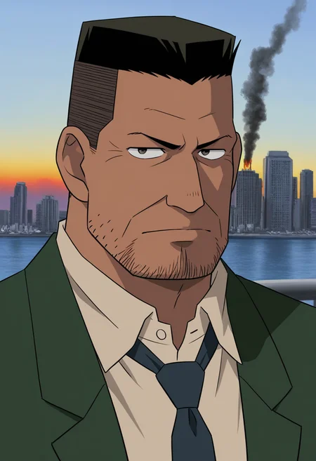 1boy, sunrise, (portrait:1.7), standing, serious, looking at viewer,
BREAK
<lora:Inspector_Yuminaga_from_Detective_Conan_v1.0:1>
inspectoryuminaga, mature male, stubble, black hair, flattop, dark skin,
BREAK
green suit, beige shirt, collared shirt, dark blue necktie, brown belt, tie clip, open jacket,
BREAK
ocean, city, cityscape, day, smoke, explosion, skyscraper,
BREAK
very awa, masterpiece, best quality, absurdres, newest, perfect quality, detailed background, intricate details,