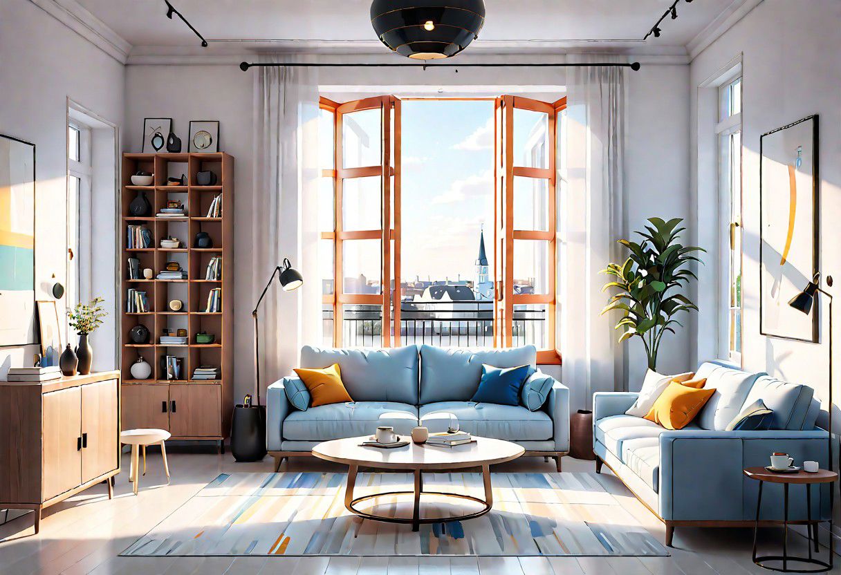 ((front view)), Shallow scene, ((animation style)), modern-style interior, with white walls, (large windows), Nordic-style furniture, a  study, Sofa, coffee table, bookcase, single wall, 
warm light morning sun, (the view of the city)