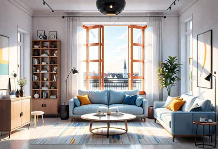 ((front view)), Shallow scene, ((animation style)), modern-style interior, with white walls, (large windows), Nordic-style furniture, a  study, Sofa, coffee table, bookcase, single wall, 
warm light morning sun, (the view of the city)