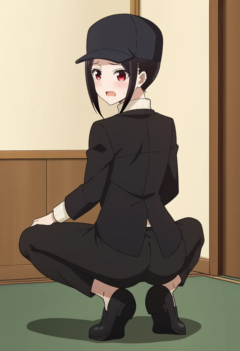 source_anime,anime screencap, anime coloring,intricate details,rating_safe, masterpiece, best quality,
(best quality, absurd res, ultra detailed),,(4 finger:0.5),1girl, ((solo)), good eyes,perfect eyes,,detailed eyes, zPDXLxxx , zPDXL3,detailed, detailed face
BREAK
solo,indoors,
kaguya, 1girl, , black hair, black jacket, turtleneck , long sleeves, hat,
shy, blush, wavy_mouth, open mouth, sweatdrop, jitome,
, <lora:add-detail-xl:2> <lora:kaguya_stalker:0.8>
BREAK
<lora:BrolyCuloMeme_pdxl_Incrs_v1:1> squatting, from behind, looking back, ass, full body