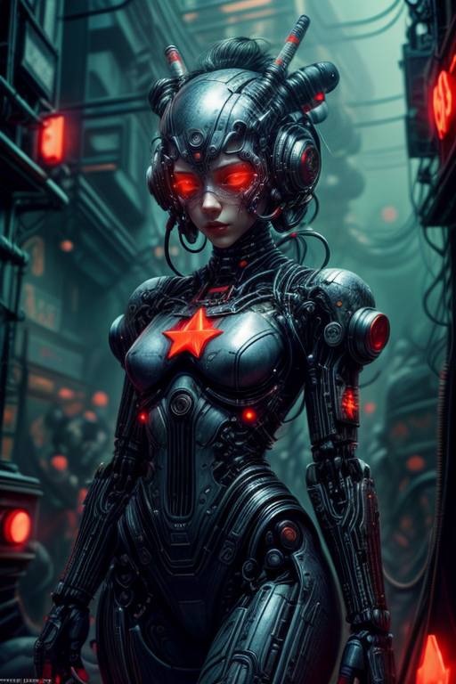 cyberpunk cityscape cybernetic robot cybernetic style biomechanical cyberpunk SCI-FI,
cowboy shot,thigh gap,
femenine cyborg,helmet with antenna,mask,armor,
wire,cable,electricity,discharge,monitors,
cyberpunk,neon,
high technical room background,
<lora:Concept_-_Hella-sthetic_v2:0.7>,
(USSR,red star \(symbol\):1.5),
<lora:Concept_-_More_Details_v1.0:1>,, intricate, elegant, highly detailed, symmetry, magical atmosphere, sharp focus, majestic, very coherent, radiant, advanced, cinematic, artistic, fine detail, winning, beautiful, stunning, dramatic light, designed, rich deep colors, perfect professional background, ambient, tailored set composition  . cybernetics, human-machine fusion, dystopian, organic meets artificial, dark, intricate, highly detailed . futuristic, technological, cybernetic enhancements, robotics, artificial intelligence themes . android, AI, machine, metal, wires, tech, futuristic, highly detailed . neon lights, dark alleys, skyscrapers, futuristic, vibrant colors, high contrast, highly detailed