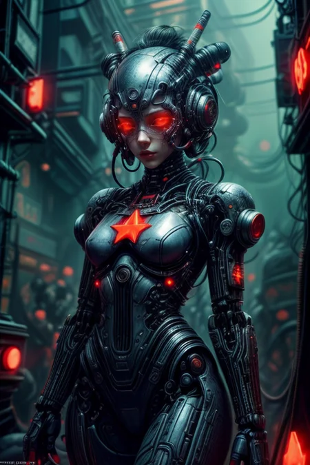 cyberpunk cityscape cybernetic robot cybernetic style biomechanical cyberpunk SCI-FI,
cowboy shot,thigh gap,
femenine cyborg,helmet with antenna,mask,armor,
wire,cable,electricity,discharge,monitors,
cyberpunk,neon,
high technical room background,
<lora:Concept_-_Hella-sthetic_v2:0.7>,
(USSR,red star \(symbol\):1.5),
<lora:Concept_-_More_Details_v1.0:1>,, intricate, elegant, highly detailed, symmetry, magical atmosphere, sharp focus, majestic, very coherent, radiant, advanced, cinematic, artistic, fine detail, winning, beautiful, stunning, dramatic light, designed, rich deep colors, perfect professional background, ambient, tailored set composition . cybernetics, human-machine fusion, dystopian, organic meets artificial, dark, intricate, highly detailed . futuristic, technological, cybernetic enhancements, robotics, artificial intelligence themes . android, AI, machine, metal, wires, tech, futuristic, highly detailed . neon lights, dark alleys, skyscrapers, futuristic, vibrant colors, high contrast, highly detailed