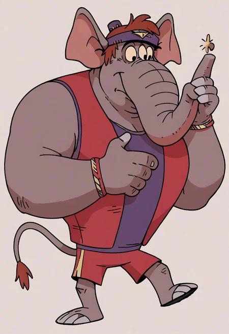 (score_9 | score_8_up | score_7_up)
((masterpiece:1))(best quality,very high quality,ultra detailed:1.2)
(2D,cartoon style,anime style)(Smooth:2)(clean blurring)
(four fingers on each hand,one thumb on each hand:1), Abu elephant, solo, brown hair, grey skin, black eyes, trunk, trunk nose, elephant trunk, elephant ears, monkey tail, purple vest, red and purple hat, alien, muscular, +++three eyes, extra eye, grey skin color, full body