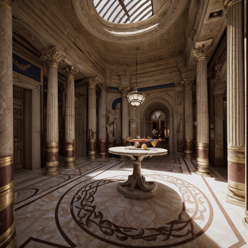 (masterpiece:1.2), (best quality,:1.2), 8k, HDR, ultra detailed, ((photorealistic)), professional light, cinematic lighting, fashion photography, ambient lighting, face lighting, <lora:detail_slider_v4:1>, Fantasy picture, OverallDetail, large ancient room with a marble table, RomInt, <lora:RomanInterior-10:1>, epiCPhoto