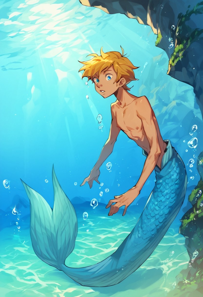 score_9, score_8_up, score_7_up, score_6_up, score_5_up, score_4_up, 
mermaid, 1boy, male focus, solo, topless male, blue eyes, blonde hair, short hair, Underwater, submerged, ocean, bubbles, sunlight, god rays,