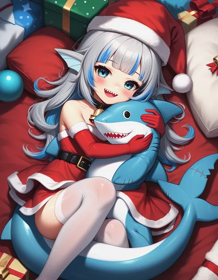 (score_9, score_8_up, score_7_up, score_6_up, score_5_up, score_4_up),gawr_gura_hololive,1girl,:d,ass,bare_shoulders,bed_sheet,bell,belt,belt_collar,black_belt,black_coat,blue_eyes,blue_hair,blue_hat,blunt_bangs,blush,choppy_bangs,coat,collar,cowbell,dress,elbow_gloves,fins,fish_tail,fur-trimmed_dress,fur_trim,gloves,grey_hair,hand_up,hat,hugging_doll,hugging_object,knees_up,long_hair,looking_at_viewer,lying,multicolored_hair,neck_bell,on_back,open_mouth,santa_dress,santa_hat,shark_girl,shark_tail,sharp_teeth,short_dress,smile,solo,strapless,strapless_dress,streaked_hair,stuffed_animal,stuffed_shark,stuffed_toy,tail,teeth,thighhighs,upskirt,white_gloves,white_thighhighs,<lora:gawr-gura-hololive-xl:1>,