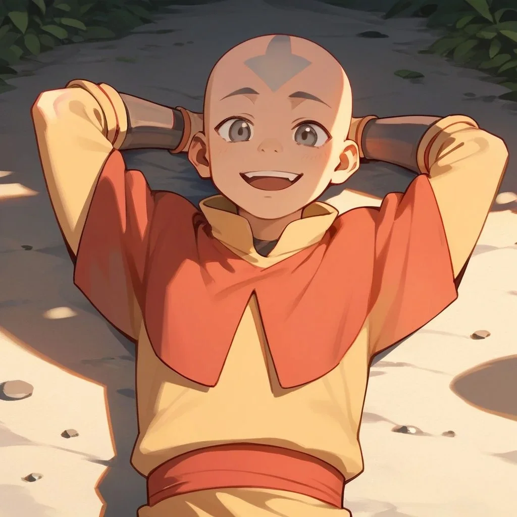 score_9, score_8_up, score_7_up, score_6_up, score_5_up, score_4_up, 1boy, Aangava, grey eyes, avatarstate, bald, laying on the ground, hands behind head, happy