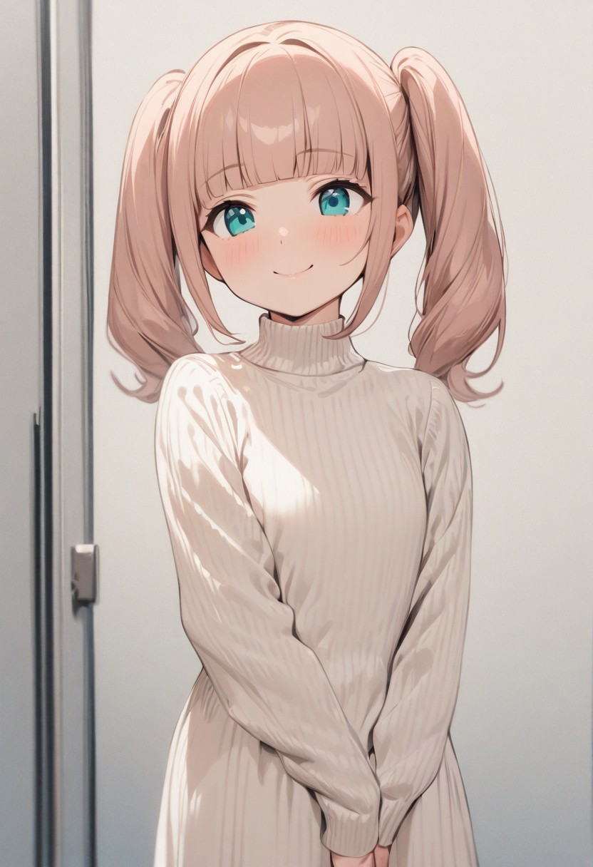 masterpiece, best quality,  1girl, solo, twin drills, twintails, blunt bangs, soft peach hair, aqua eyes, smile, long sleeves, white dress, standing, no desks