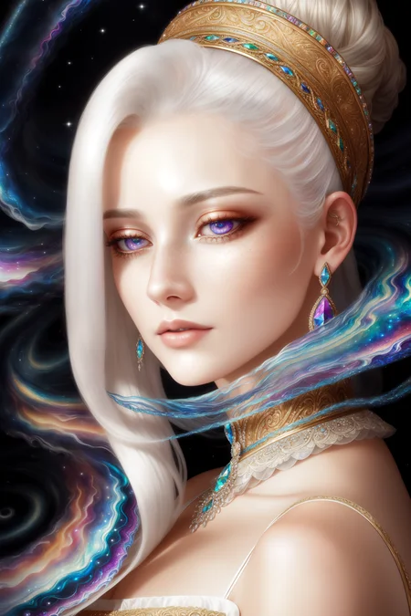 sharp focus, beautiful (vivid colors:1.1), intricate details, a masterpiece photo of a beautiful woman with white hair and freckles (very detailed face), Style-SwirlMagic, (masterpiece, realistic: 1.3), (extremely complex: 1. 2) intricate and fine details, sitting at a historic oak table with a pen in her hand, is thinking. Her long iridescent white hair is coiled into a bun, revealing a clear face. Wearing a dress made out of iridescent swirling colors