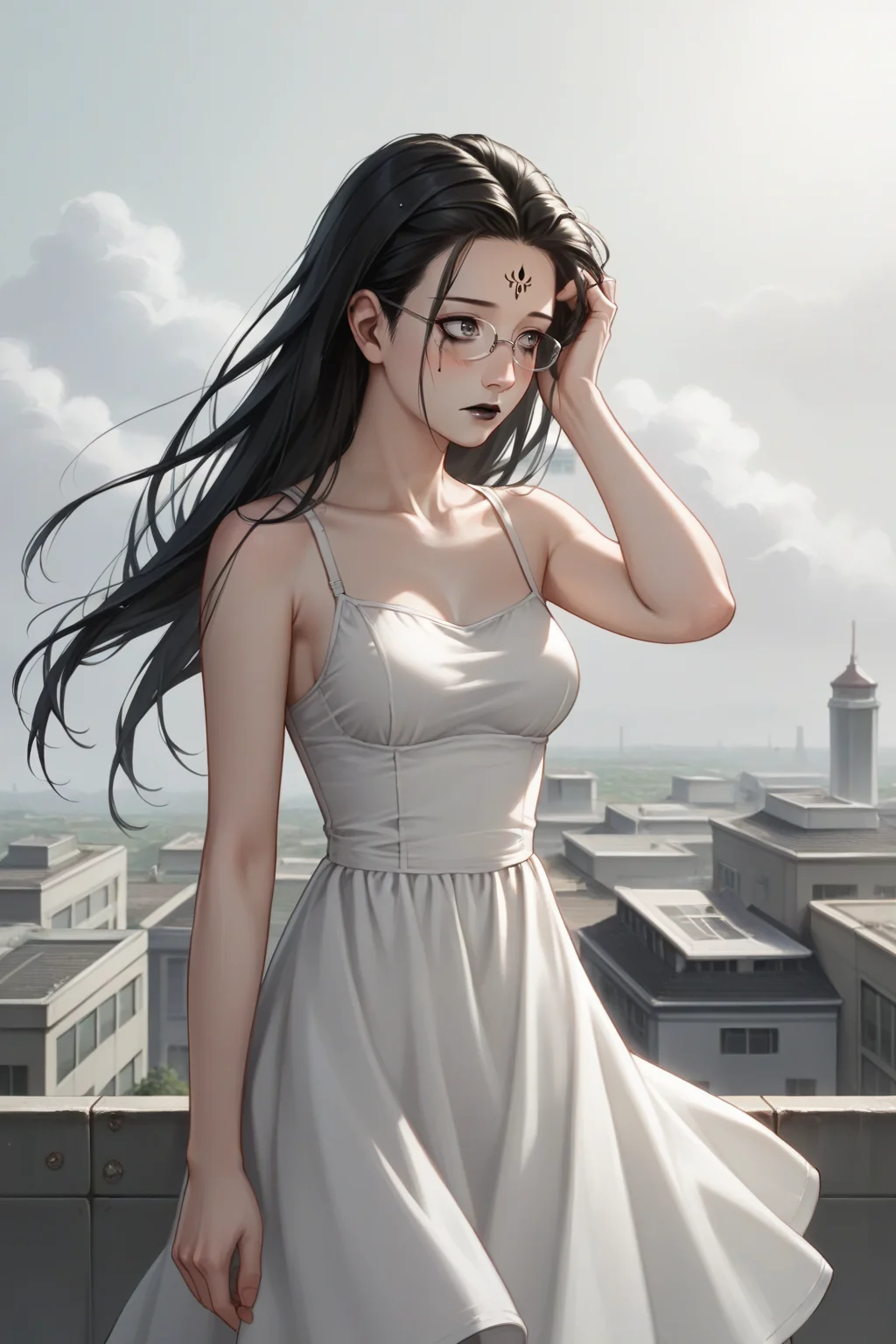 sscore_9, score_8_up, score_7_up, source_anime, 1girl, prefect lighting, very aesthetic, intricate details, highly detailed background, masterpiece, high quality, prefect hands, best quality, solo,
<lora:Spider_Spirit_Fourth_Sister_Black_Myth_Wukong_V1:.85>, KJOfourth, black hair, forehead mark, grey eyes, runny makeup, black lips, long hair,
white sundress, bare shoulders, expressionless, looking to the side, blush, embarrassed, glasses,
adjusting hair, wind,
rooftop,
(Beautiful, medium Breasts:1.2), natural breasts,